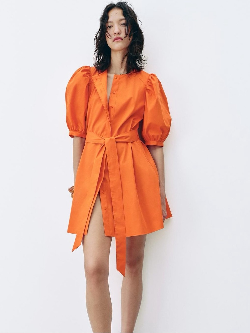 NWT Zara ZW Collection Poplin Puff Sleeve Mini Dress Self Tie Orange Sz S